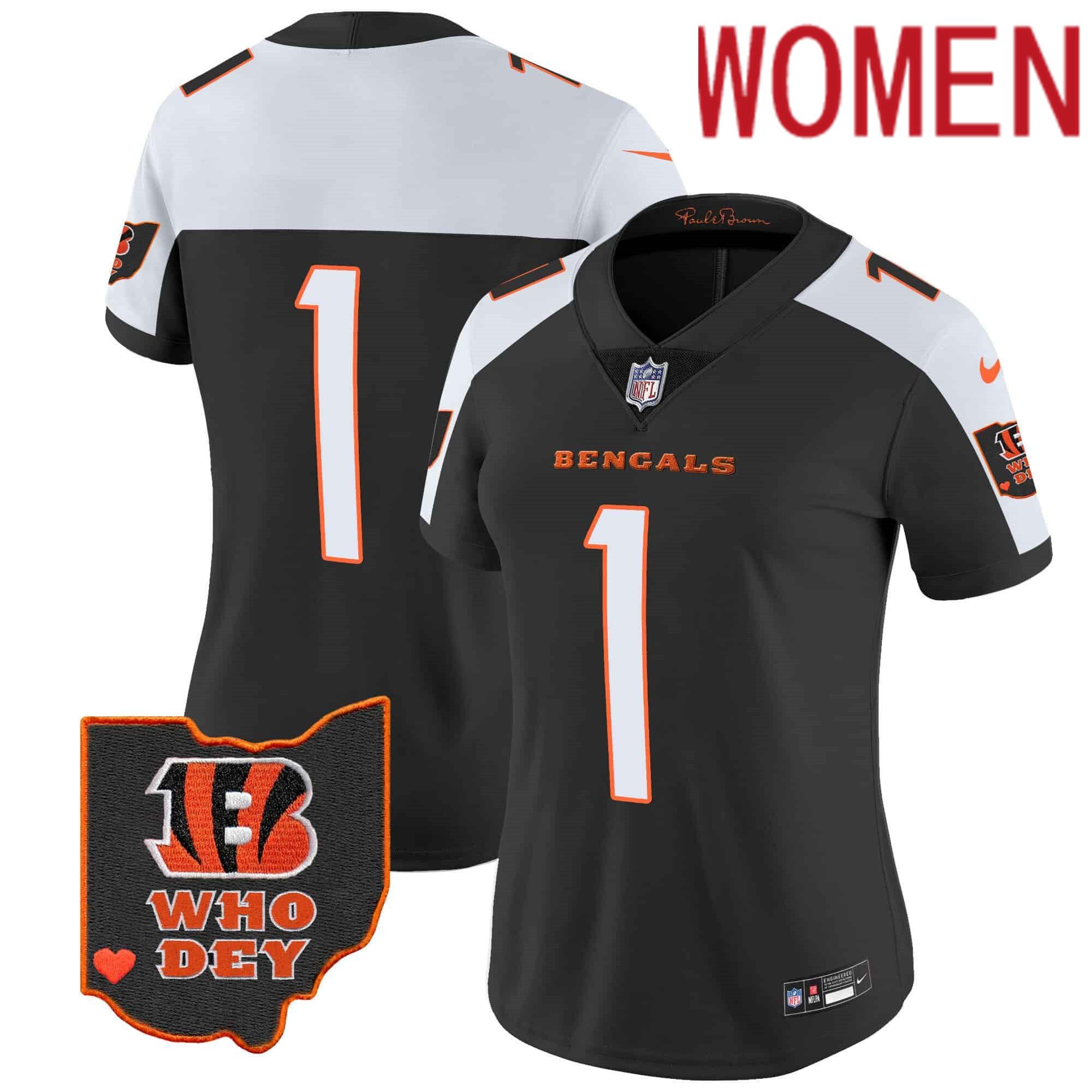 Women Cincinnati Bengals #1 Chase Black 2024 Nike Patch Vapor Limited NFL Jersey style 1->customized nfl jersey->Custom Jersey